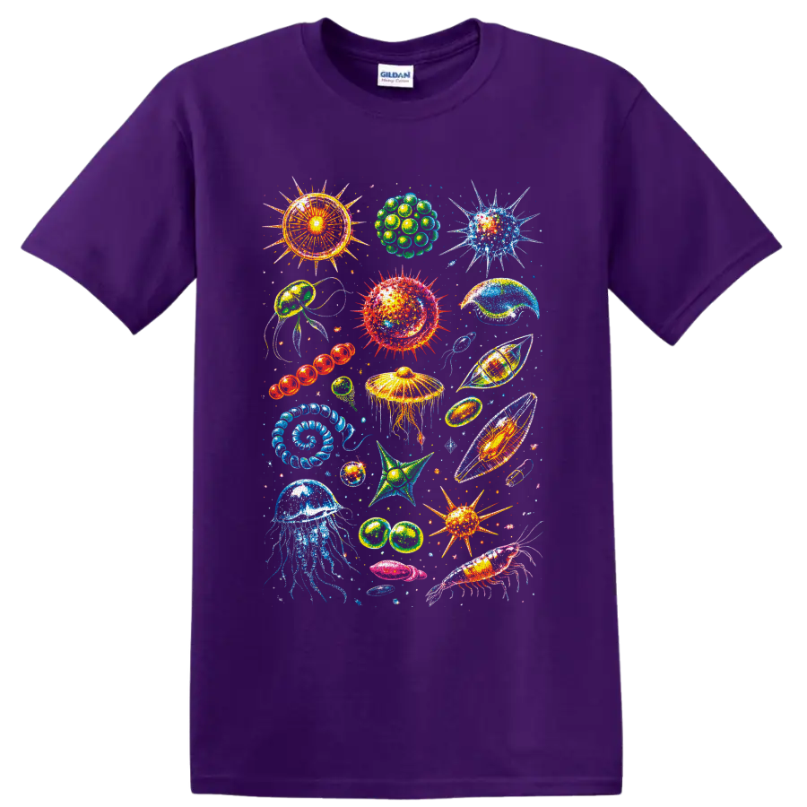 Colorful jellyfish, shrimp, shells, and microscopic sea life illustration on a Purple T Shirt