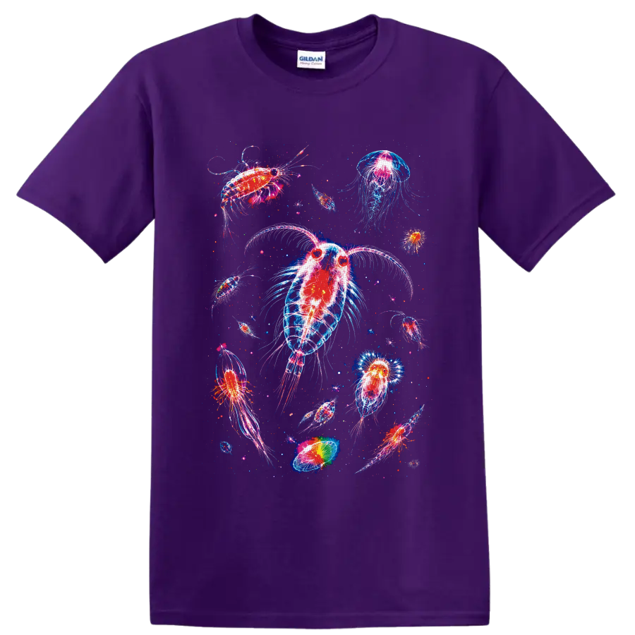 Neon bioluminescent plankton and jellyfish-like aquatic animals in glowing ocean art on a Purple T Shirt