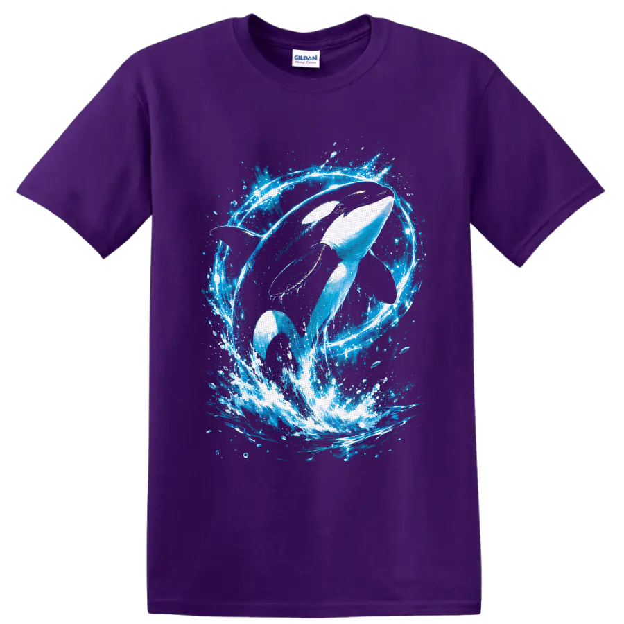 Orca whale leaping through a vivid blue ocean splash in painterly graphic style on a Purple T Shirt