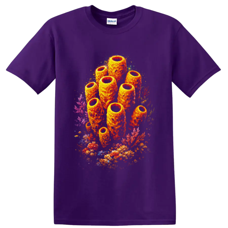 Vibrant orange sea sponge cluster with colorful coral reef artwork on a Purple T Shirt