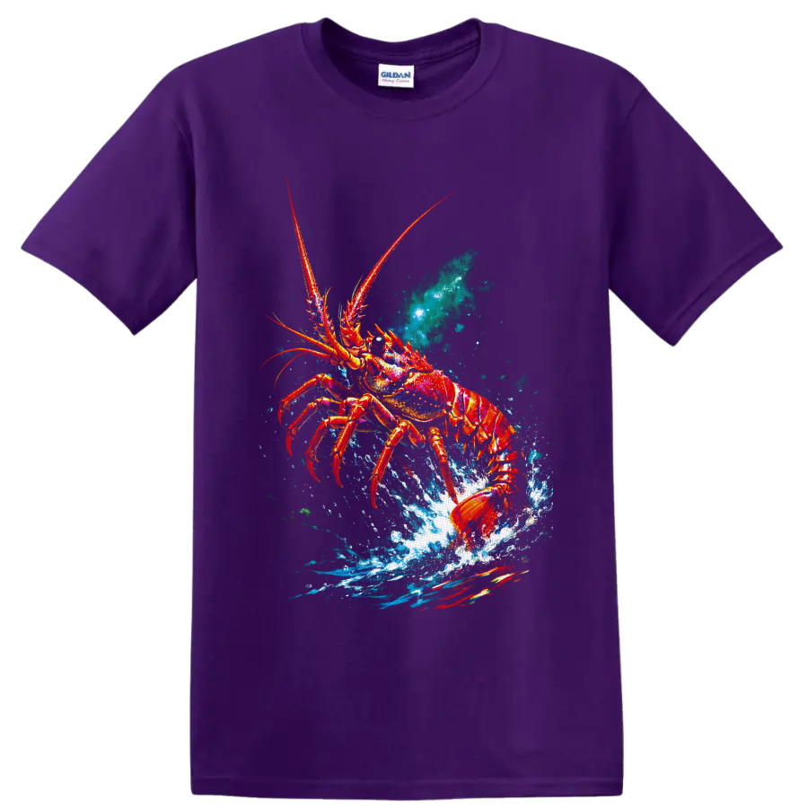 Colorful lobster bursting through blue ocean splash in vivid painterly marine art on a Purple T Shirt