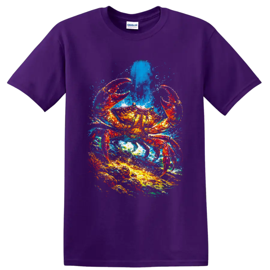 Colorful crab in a vivid watercolor-style ocean splash with bubbles on a Purple T Shirt
