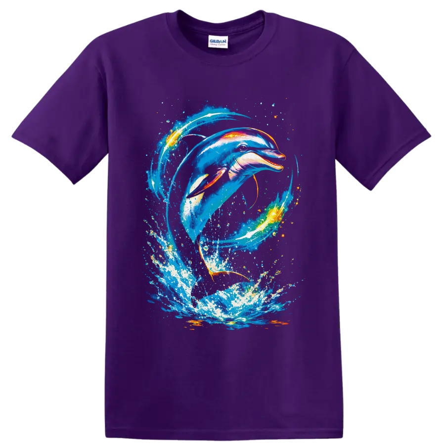 Vibrant dolphin swimming through a swirling ocean wave splash in painterly aquatic art on a Purple T Shirt