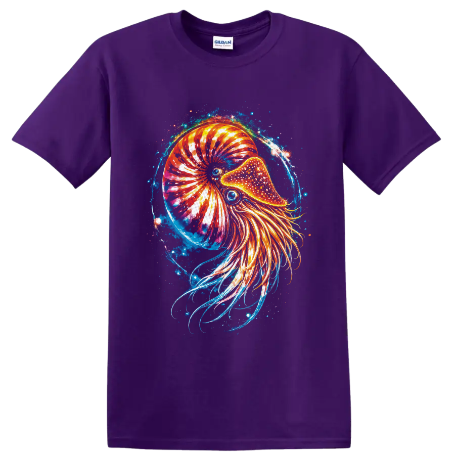 Cosmic nautilus illustration with glowing chambered shell, flowing tentacles, and blue on a Purple T Shirt