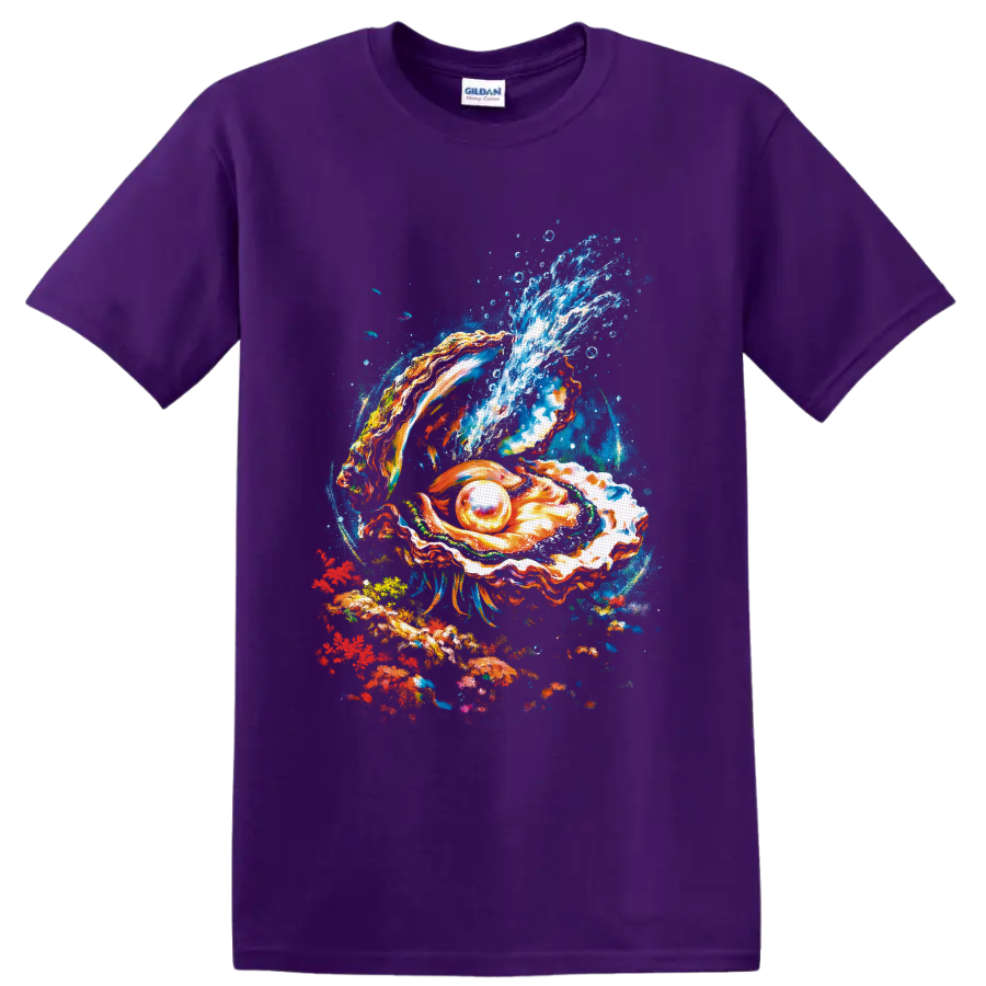 Colorful painted oyster shell with glowing pearl and cresting ocean wave on a Purple T Shirt