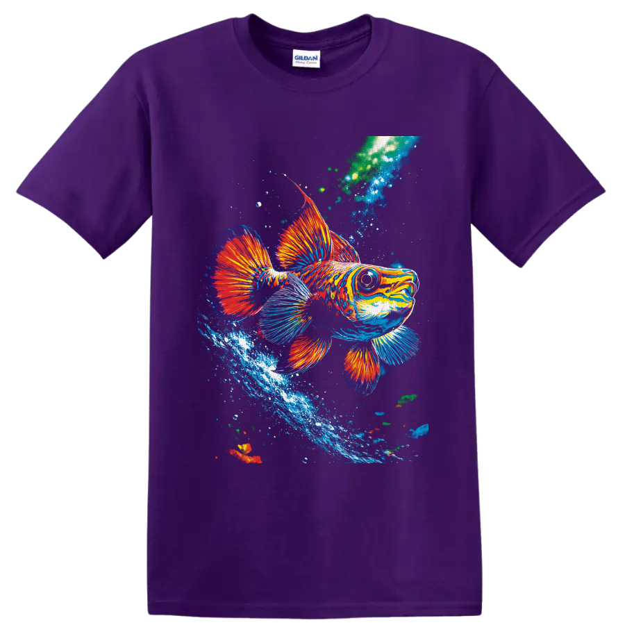 Colorful tropical fish illustration with flowing fins, bubbles, and a blue water splash on a Purple T Shirt
