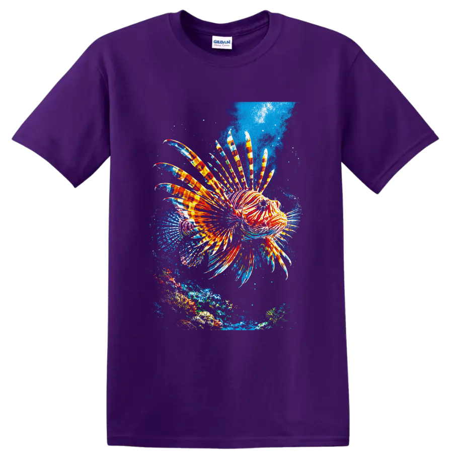 Colorful lionfish with striped fins over a tropical coral reef in splash-style ocean art on a Purple T Shirt