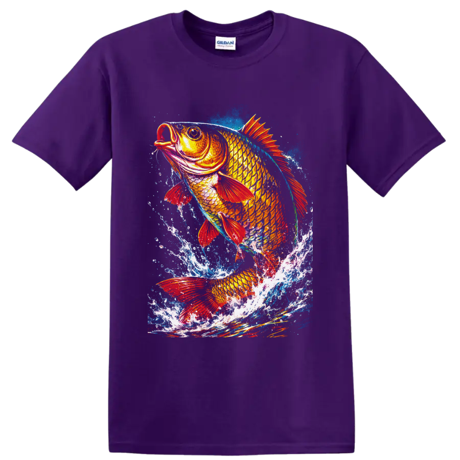 Colorful koi fish with red fins leaping through painterly blue water splashes on a Purple T Shirt