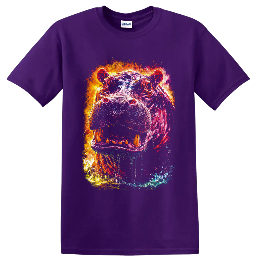 Vibrant splash-art hippopotamus portrait with open mouth, tusks, and water accents on a Purple T Shirt