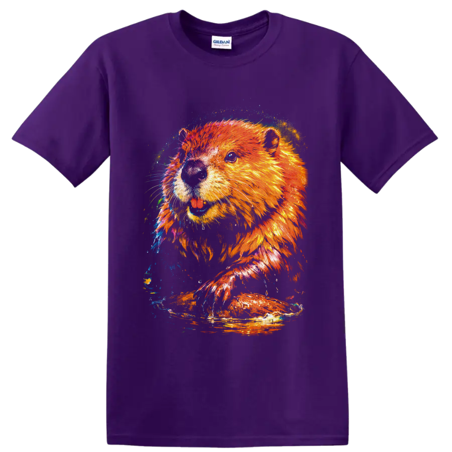 Colorful sea otter portrait in vivid paint-splash wildlife art on a Purple T Shirt