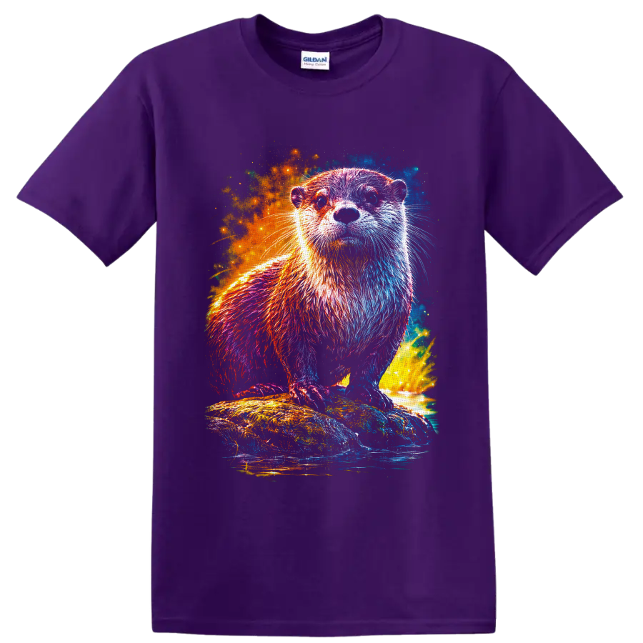 Cosmic neon otter standing on a rock above water with glowing colorful splashes on a Purple T Shirt