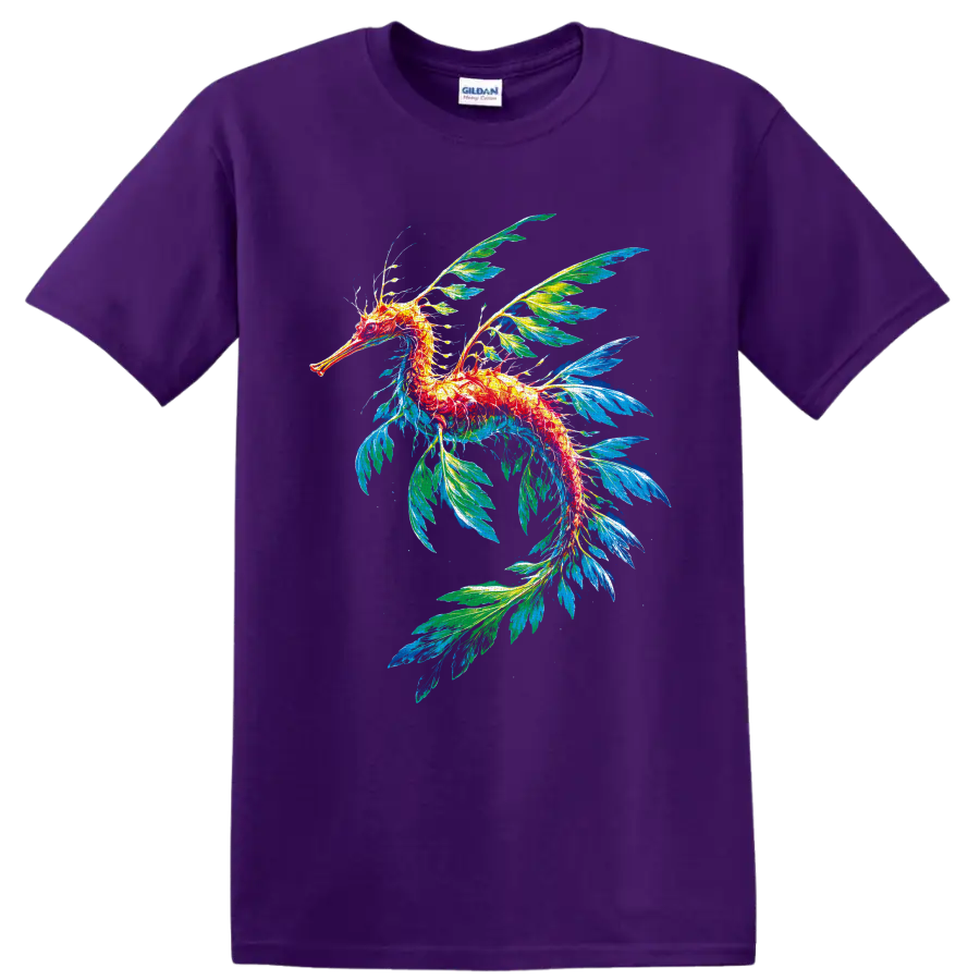 Colorful leafy seadragon illustration with flowing blue and green leaf-like fins on a Purple T Shirt