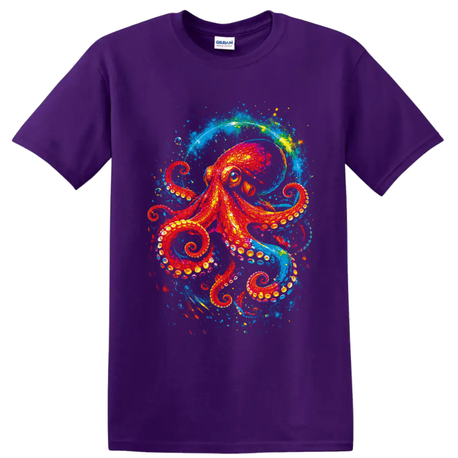 Colorful red octopus in electric blue ocean splash art with curling tentacles on a Purple T Shirt
