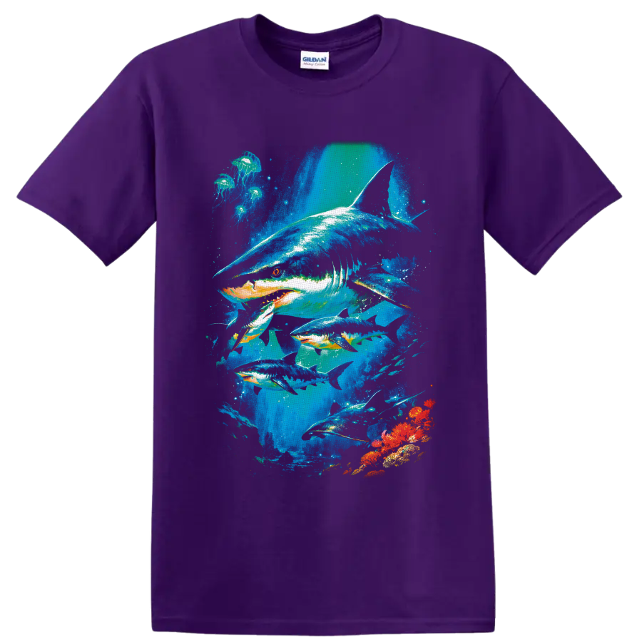Vibrant shark, jellyfish, rays, and coral underwater wildlife graphic on a Purple T Shirt