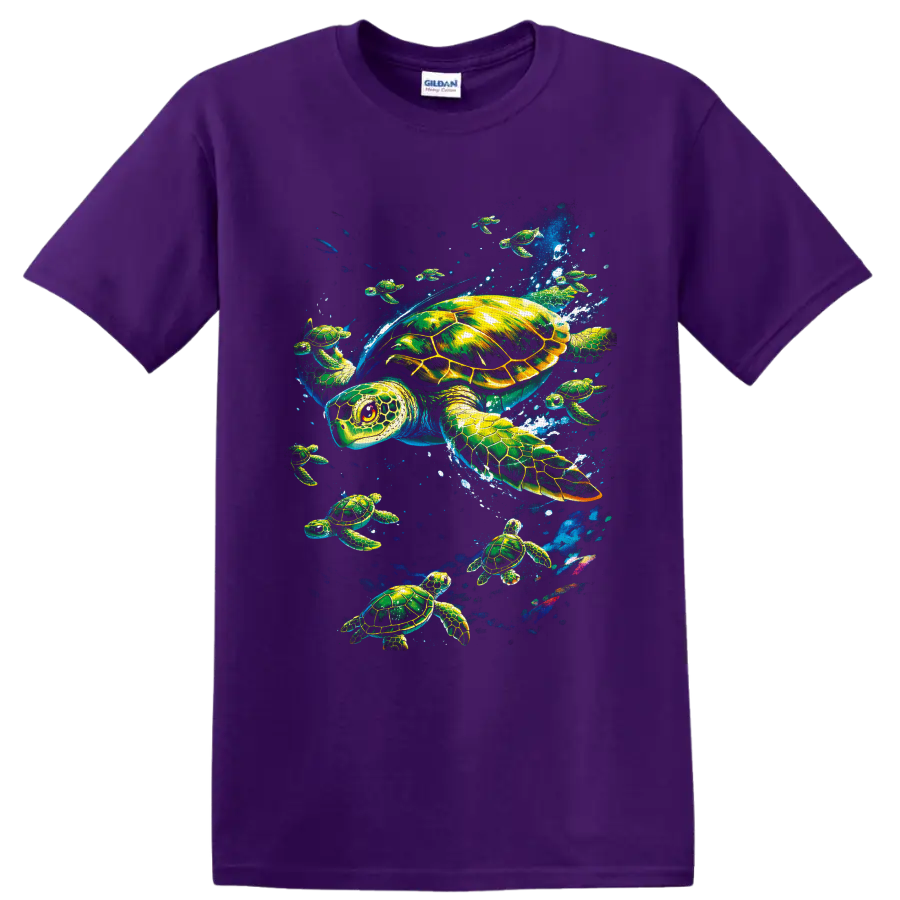 Colorful sea turtle underwater graphic with swimming turtles, bubbles, and ocean spray on a Purple T Shirt