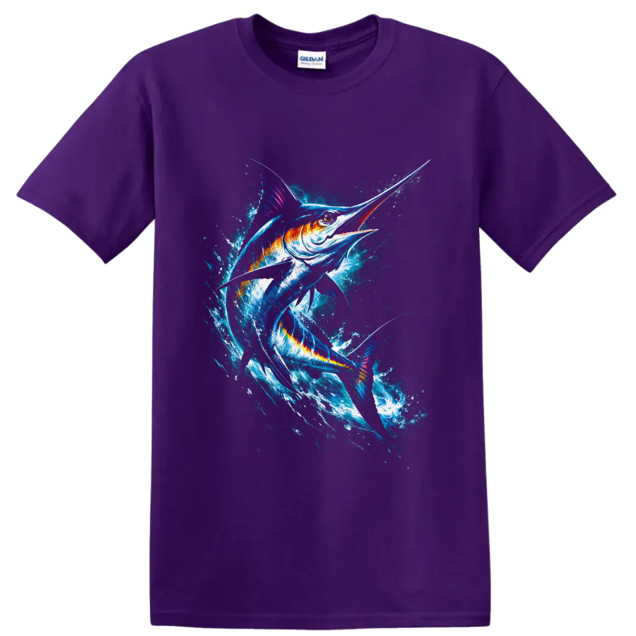 Vivid watercolor-style marlin leaping through a crashing ocean splash on a Purple T Shirt