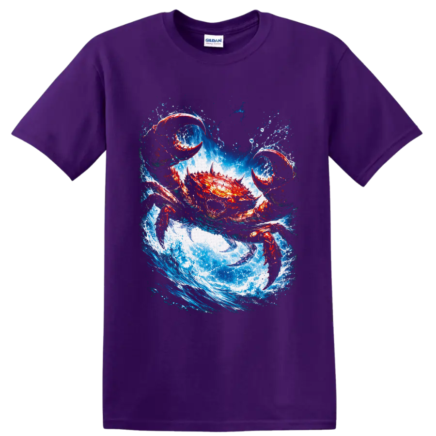 Fiery red crab with raised claws charging through a crashing blue ocean wave on a Purple T Shirt