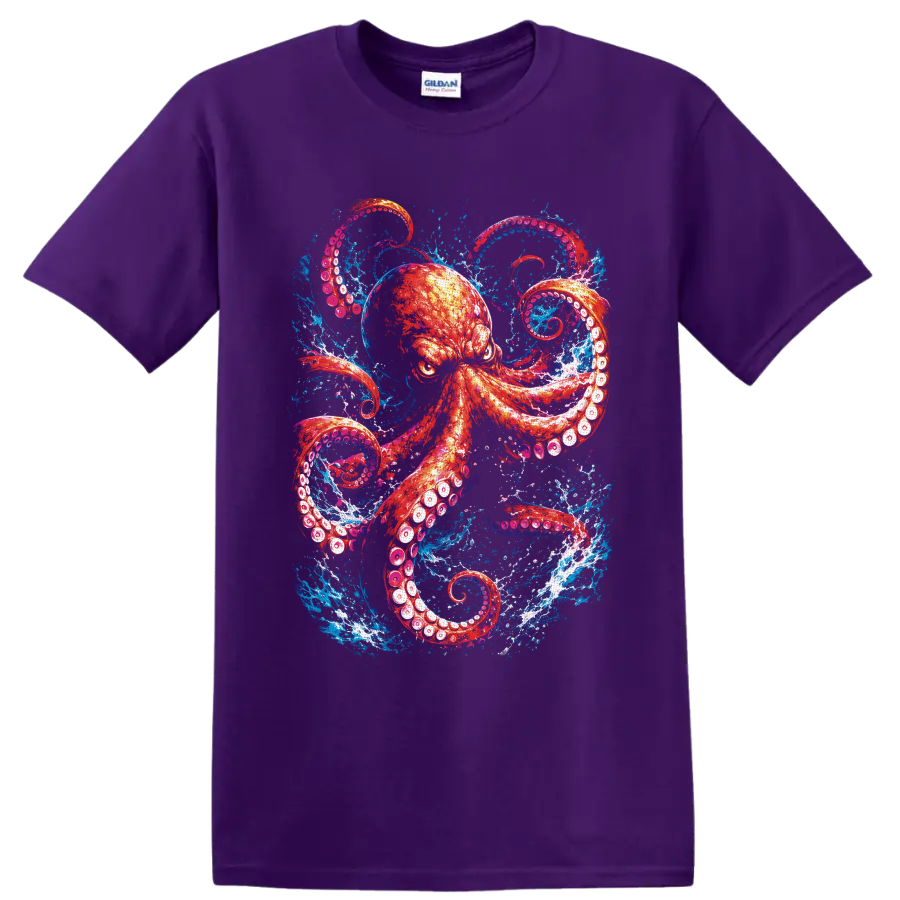 Red-orange octopus with curling tentacles in vivid blue ocean splash art on a Purple T Shirt