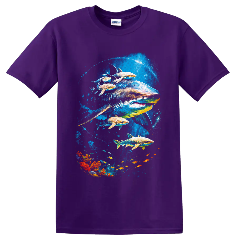 Great White Shark and tropical fish in vivid underwater coral reef art on a Purple T Shirt
