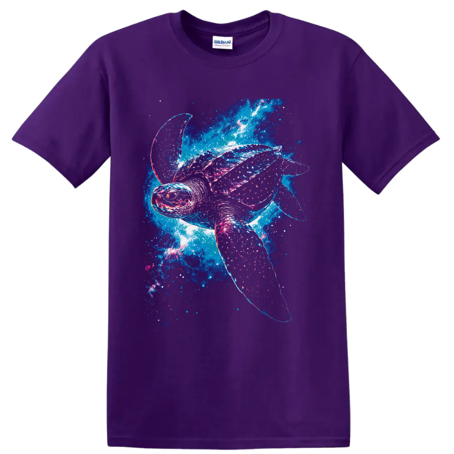 Sea turtle swimming through a neon blue and pink cosmic ocean galaxy design on a Purple T Shirt