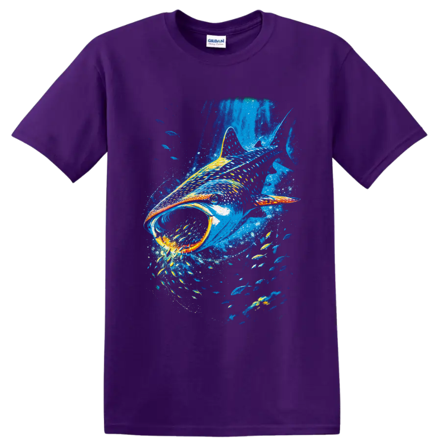 Colorful painterly whale shark swimming through blue water with schools of fish on a Purple T Shirt