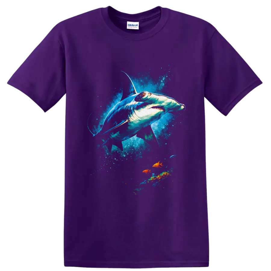 Hammerhead shark in vivid watercolor ocean splashes with colorful tropical fish on a Purple T Shirt