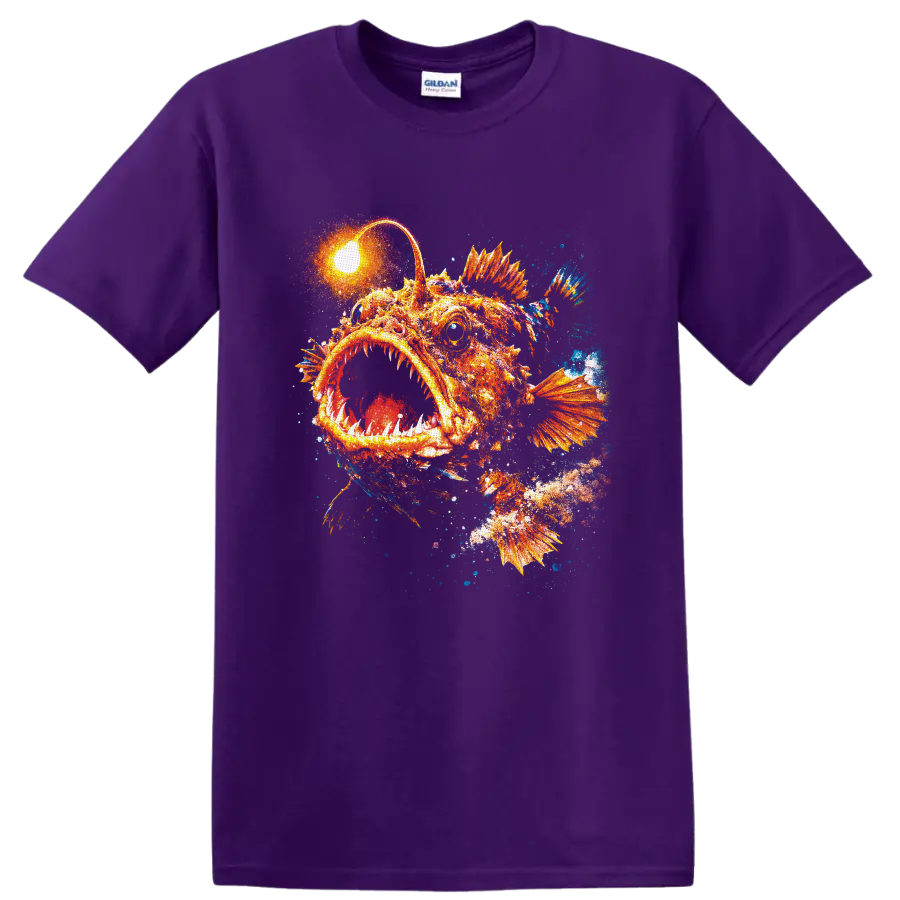 Glowing orange anglerfish with toothy mouth and colorful deep-sea paint splash art on a Purple T Shirt