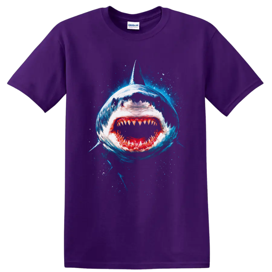 Great white shark open-jaw blue ocean splash graphic print on a Purple T Shirt