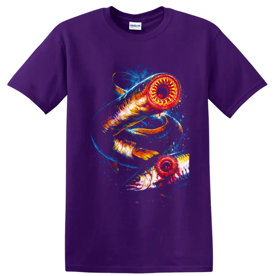 Two vivid lamprey fish in swirling blue water with fiery painterly ocean art on a Purple T Shirt