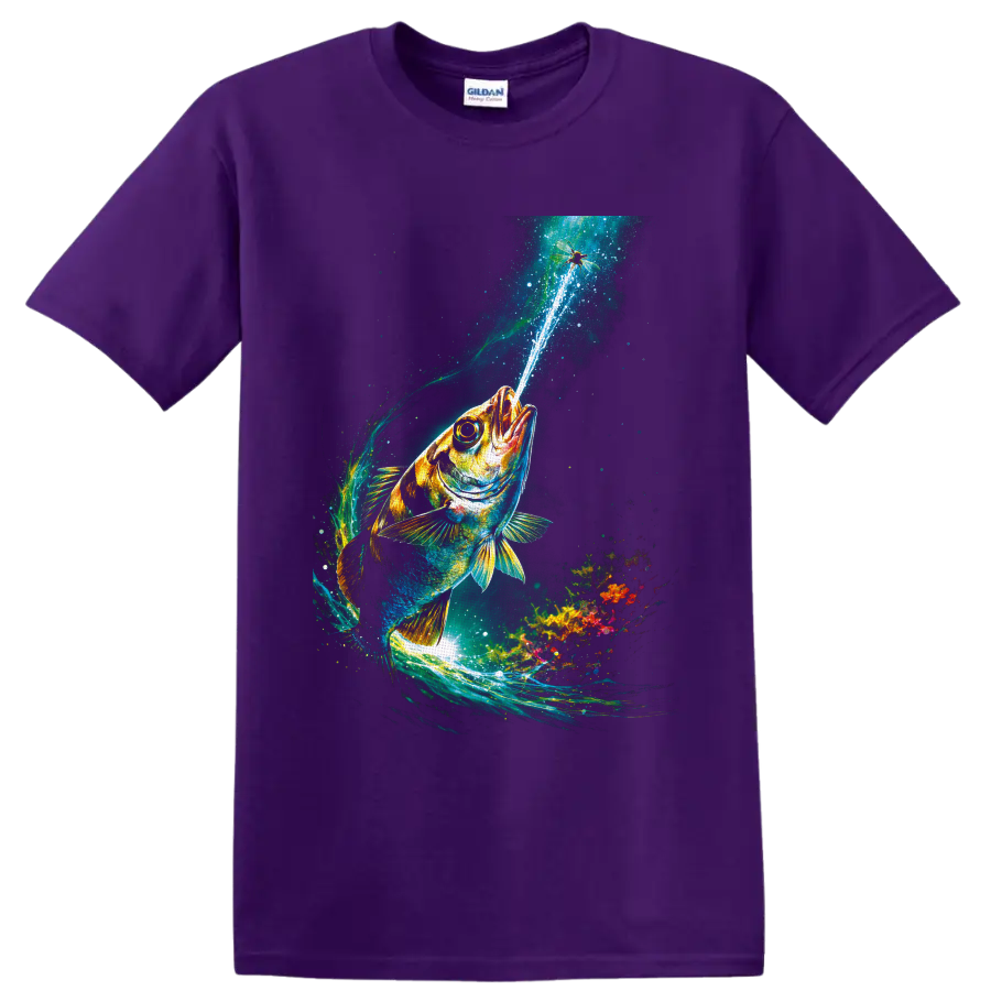 Vibrant bass leaping through glowing underwater currents toward a dragonfly on a Purple T Shirt
