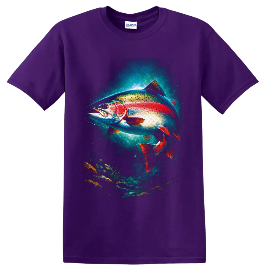 Colorful rainbow trout swimming in a glowing freshwater underwater art scene on a Purple T Shirt
