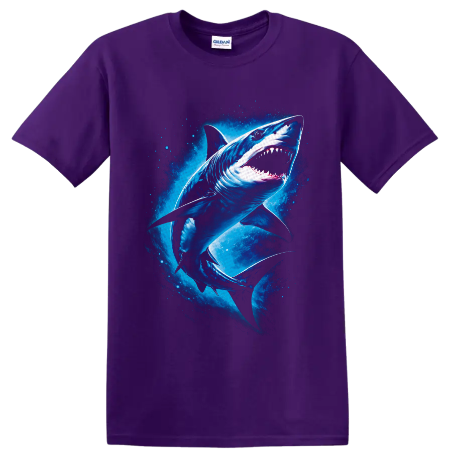Great White Shark in a vivid blue underwater ocean graphic print on a Purple T Shirt