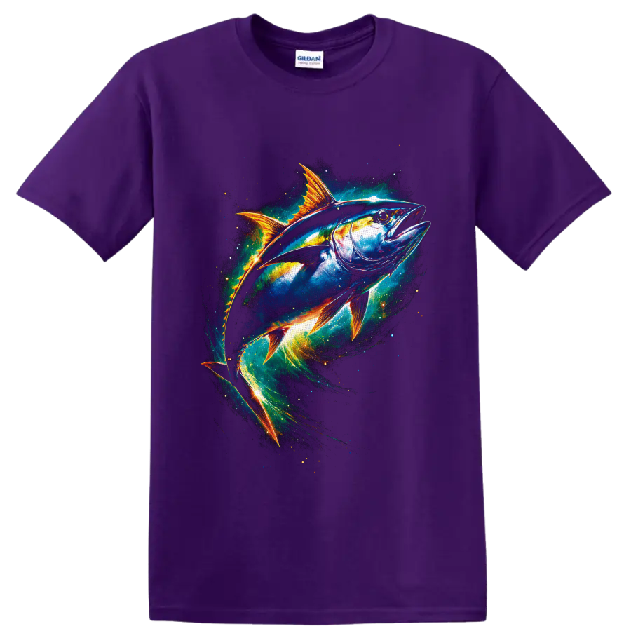 Colorful tuna swimming through glowing cosmic ocean waves on a Purple T Shirt