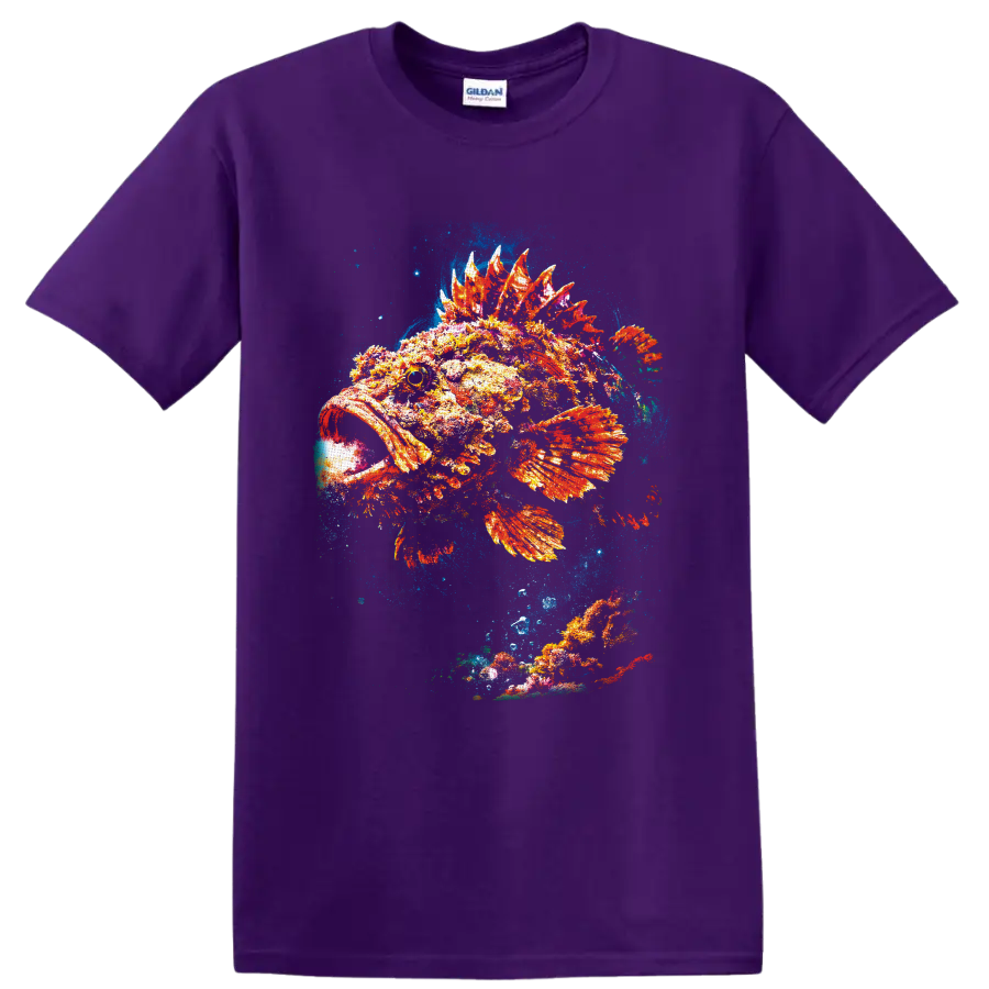 Colorful painterly spiny fish with fiery fins in a blue underwater splash on a Purple T Shirt