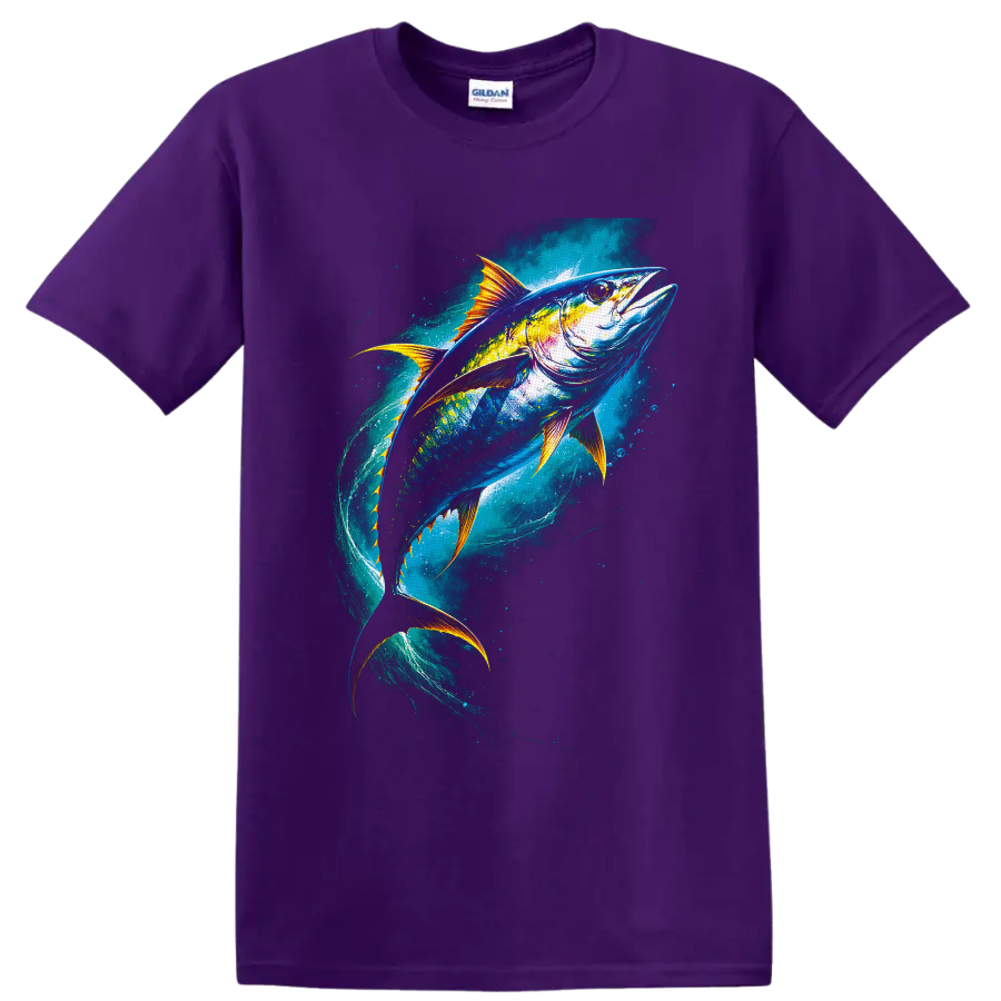 Colorful tuna swimming through a swirling blue ocean with golden fins on a Purple T Shirt