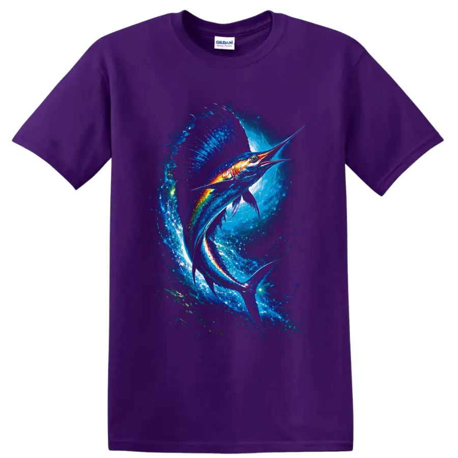Neon-style sailfish swimming through a glowing blue ocean wave on a Purple T Shirt
