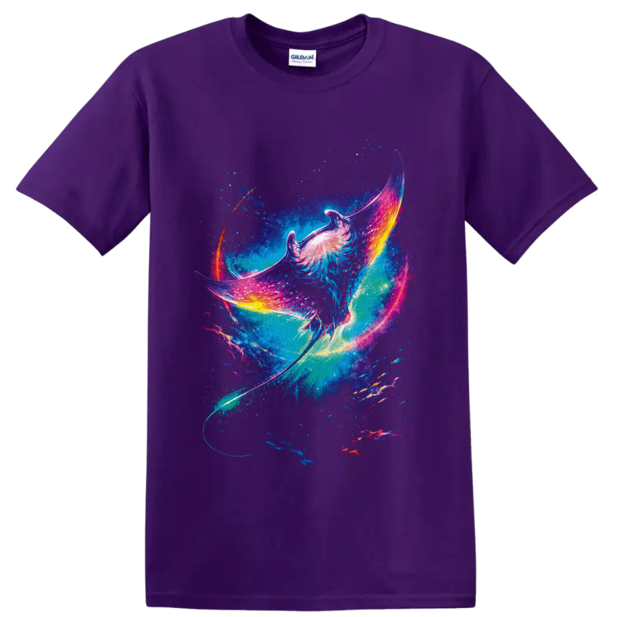 Neon fantasy manta ray gliding through a starry cosmic ocean on a Purple T Shirt