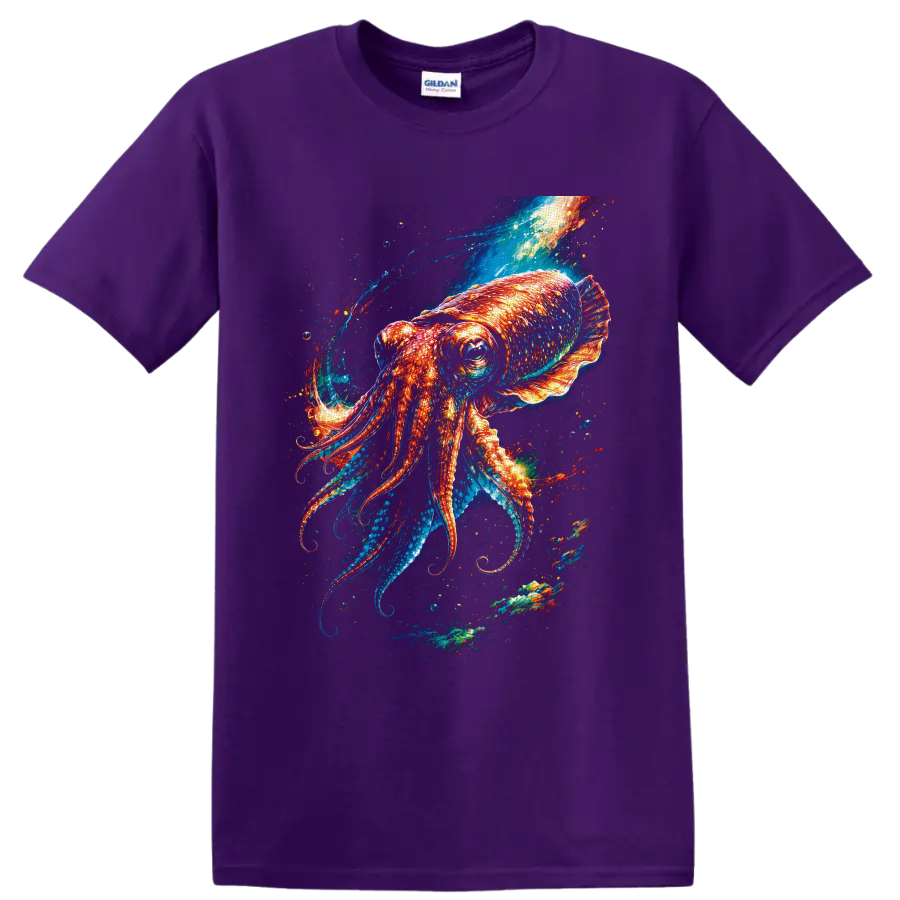 Vivid cosmic squid graphic with glowing orange tentacles and swirling blue ocean currents on a Purple T Shirt