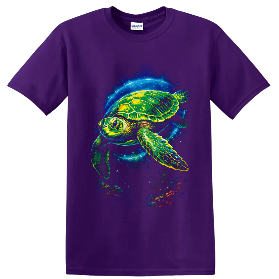 Neon sea turtle swimming through a glowing blue ocean with bubbles and coral reef on a Purple T Shirt
