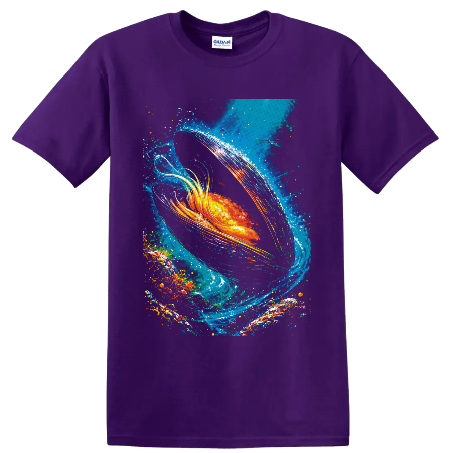 Radiant goldfish in swirling blue water with bubbles and colorful painterly splashes on a Purple T Shirt