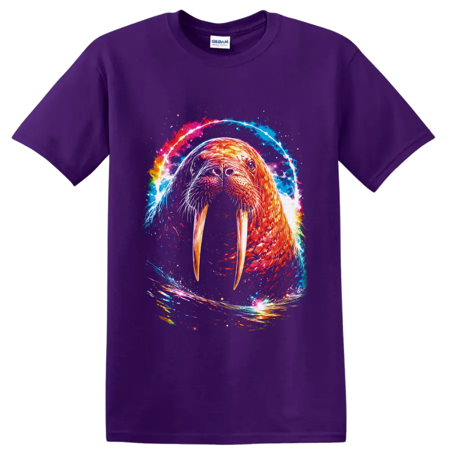 Vibrant cosmic walrus portrait with long tusks and swirling ocean-color energy on a Purple T Shirt