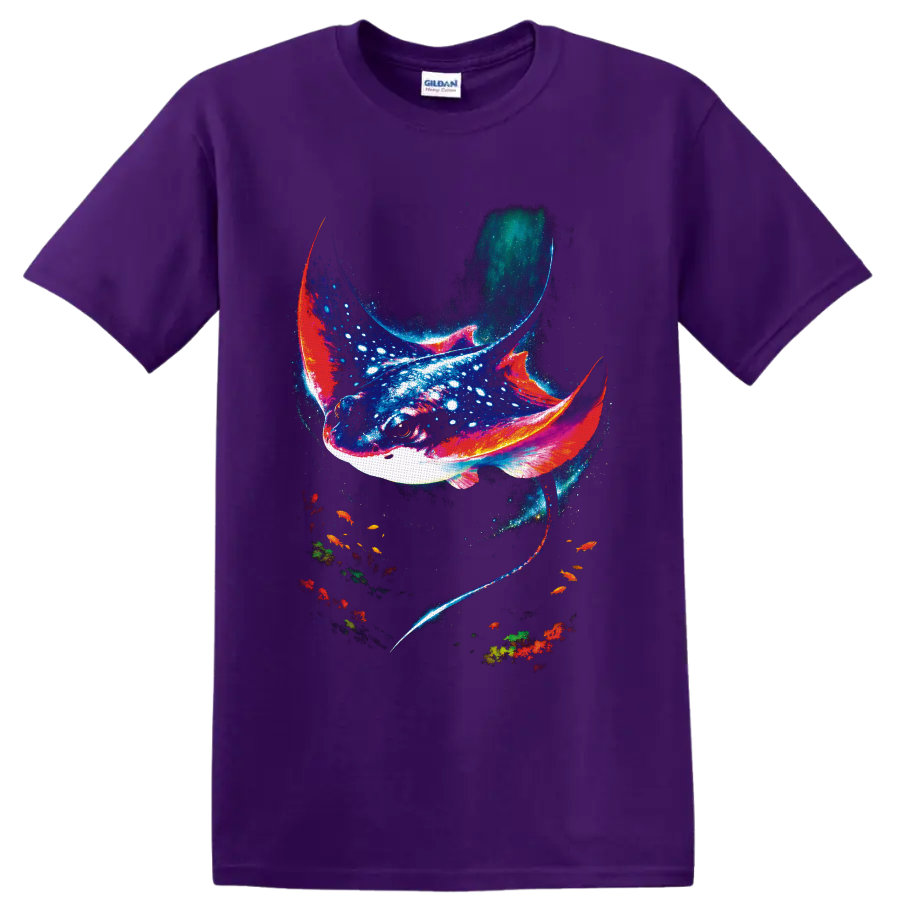 Cosmic manta ray illustration with luminous speckles, colorful fish, and coral on a Purple T Shirt