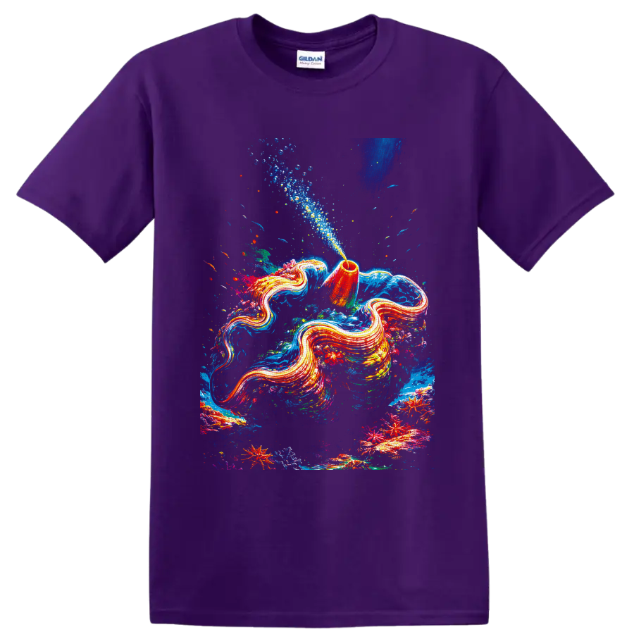 Flowing aquatic animals in colorful coral reef art with fish, bubbles, and starfish on a Purple T Shirt
