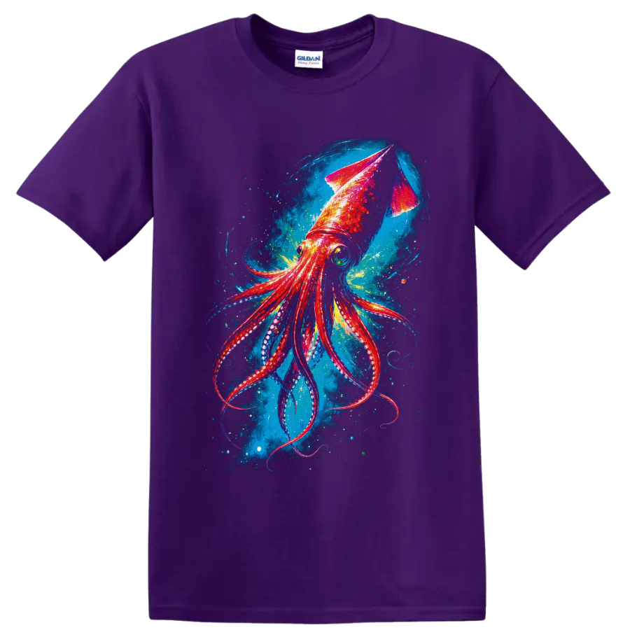 Colorful Giant Squid illustration with curling tentacles in a swirling deep-sea scene on a Purple T Shirt