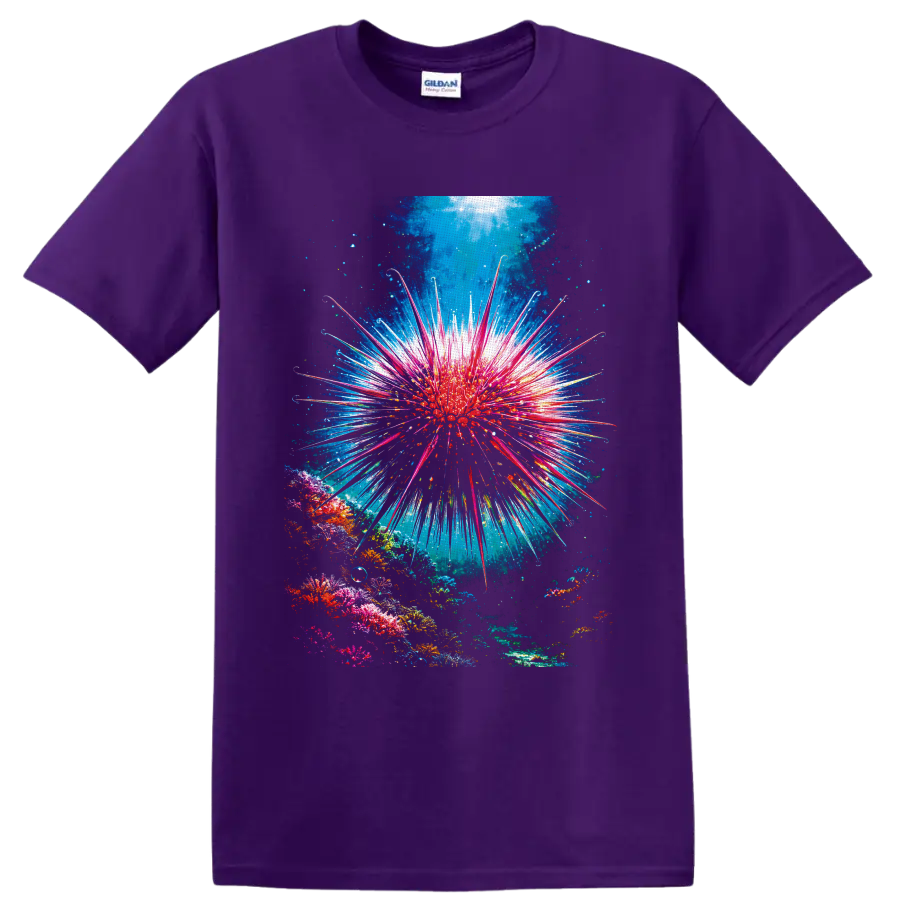 Crown-of-thorns starfish with radiant spines above a colorful sunlit coral reef on a Purple T Shirt