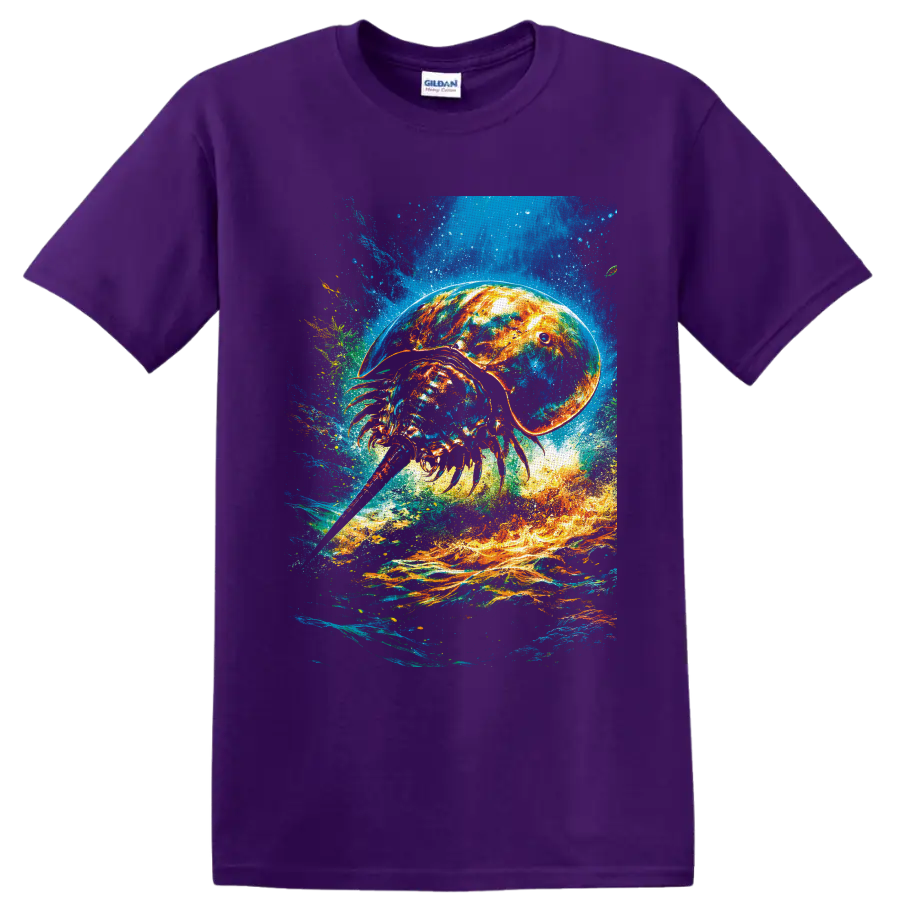 Vibrant horseshoe crab illustration in swirling blue water and fiery orange currents on a Purple T Shirt