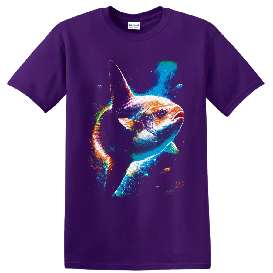 Colorful Bluefin Tuna splash-art design with jellyfish in a vivid underwater scene on a Purple T Shirt