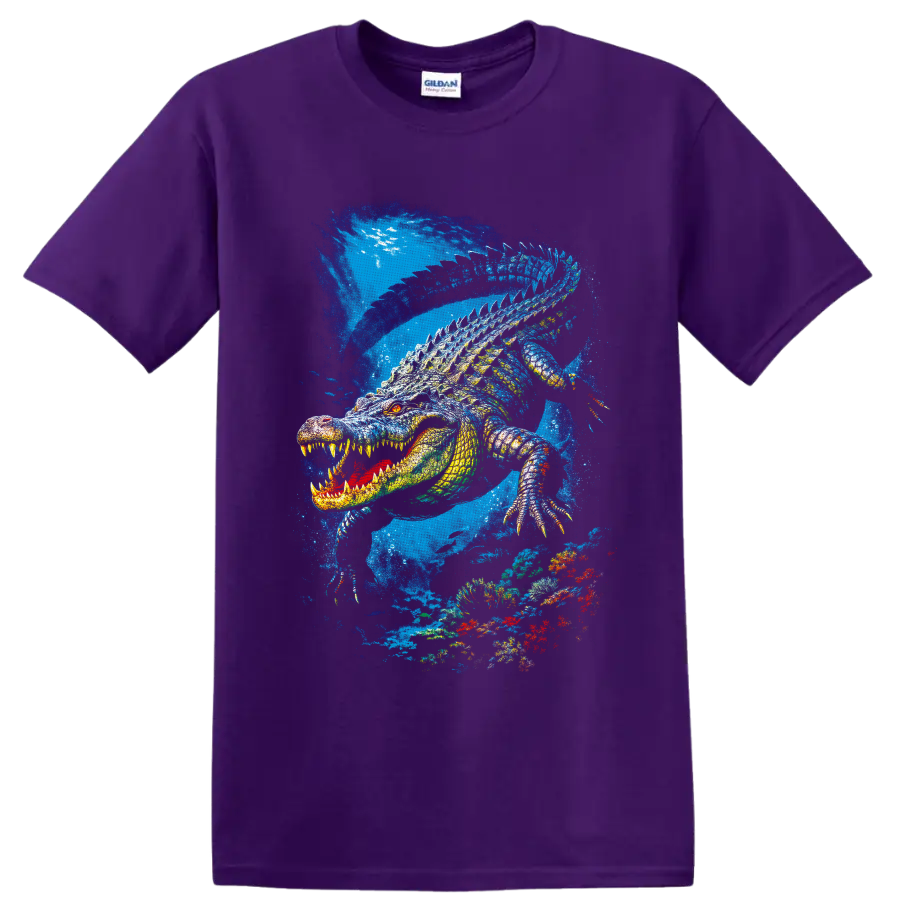 Fierce crocodile swimming through a vivid blue underwater coral reef illustration on a Purple T Shirt