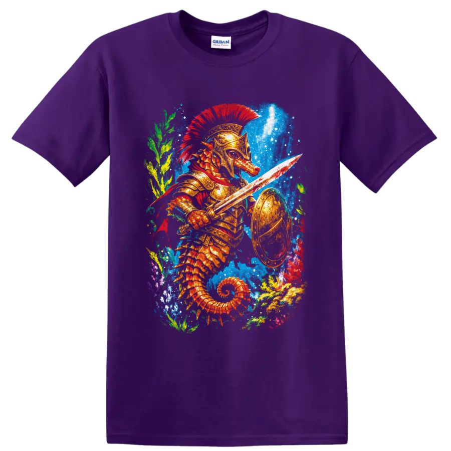 Colorful fantasy seahorse warrior in golden armor with sword and shield underwater on a Purple T Shirt