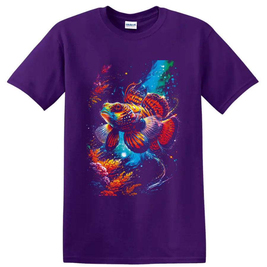 Tropical fish in a vibrant painterly underwater coral reef scene on a Purple T Shirt